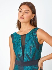 Roman Navy Blue Metallic Floral Print Jacquard Dress - Image 4 of 5