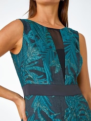 Roman Navy Blue Metallic Floral Print Jacquard Dress - Image 5 of 5