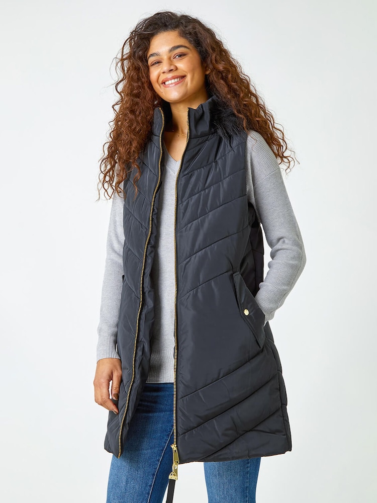Roman Blue Quilted Faux Fur Hood Longline Gilet - Image 1 of 4