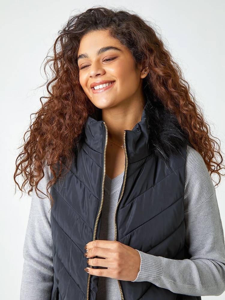 Roman Blue Quilted Faux Fur Hood Longline Gilet - Image 4 of 4