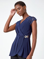 Roman Blue Lace Trim Stretch Wrap Top - Image 1 of 5
