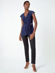 Roman Blue Lace Trim Stretch Wrap Top - Image 2 of 5