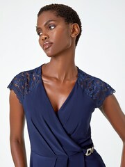 Roman Blue Lace Trim Stretch Wrap Top - Image 4 of 5