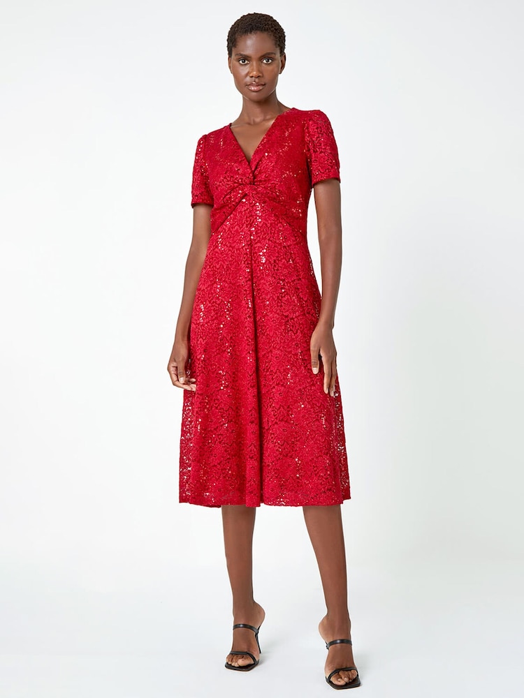 Roman Red Sequin Lace Twist Front Midi Dress - Image 1 of 7