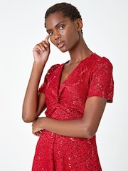 Roman Red Sequin Lace Twist Front Midi Dress - Image 5 of 7
