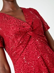 Roman Red Sequin Lace Twist Front Midi Dress - Image 6 of 7