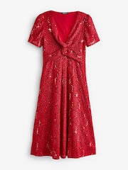Roman Red Sequin Lace Twist Front Midi Dress - Image 7 of 7