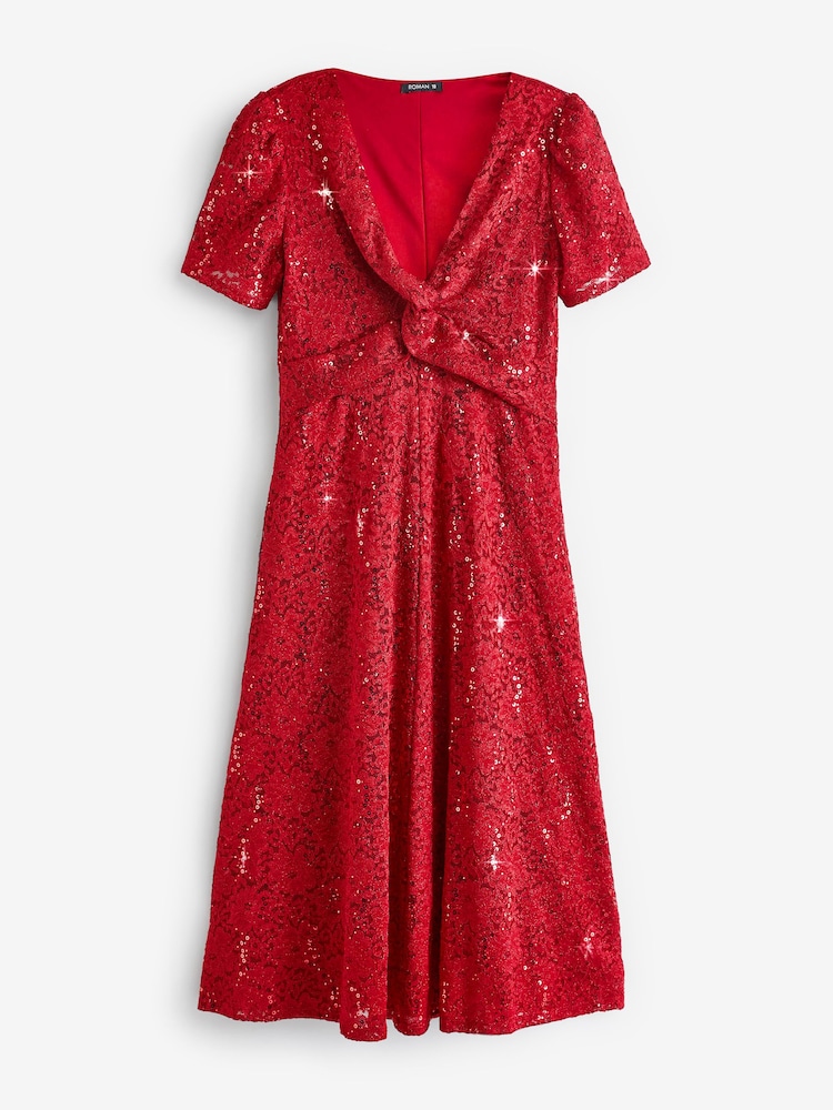 Roman Red Sequin Lace Twist Front Midi Dress - Image 7 of 7