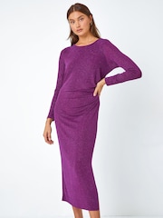 Roman Purple Glitter Cowl Back Midi Stretch Dress - Image 1 of 5