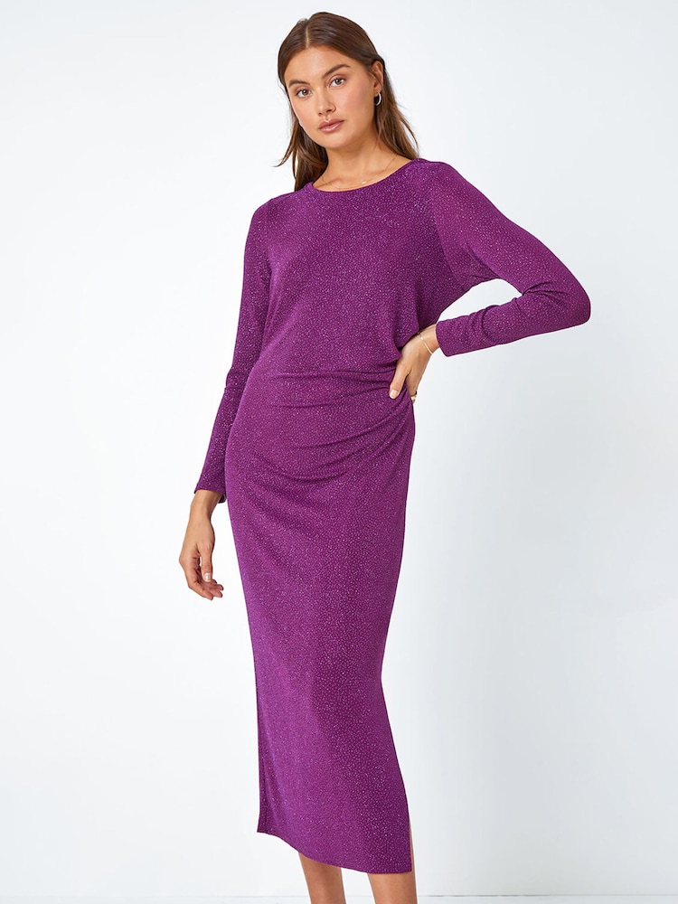 Roman Purple Glitter Cowl Back Midi Stretch Dress - Image 1 of 5 Roman Purple Glitter Cowl Back Midi Stretch Dress - Image 1 of 5