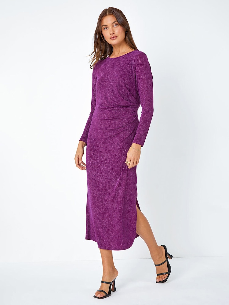 Roman Purple Glitter Cowl Back Midi Stretch Dress - Image 2 of 5