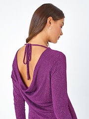 Roman Purple Glitter Cowl Back Midi Stretch Dress - Image 4 of 5