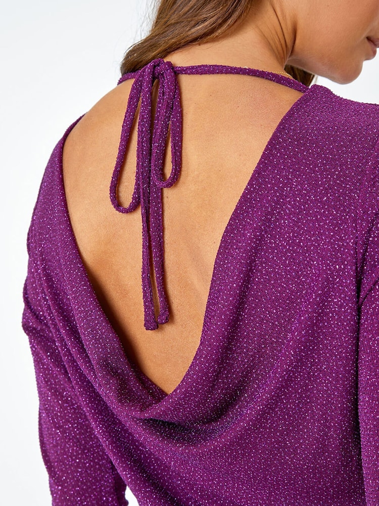 Roman Purple Glitter Cowl Back Midi Stretch Dress - Image 5 of 5