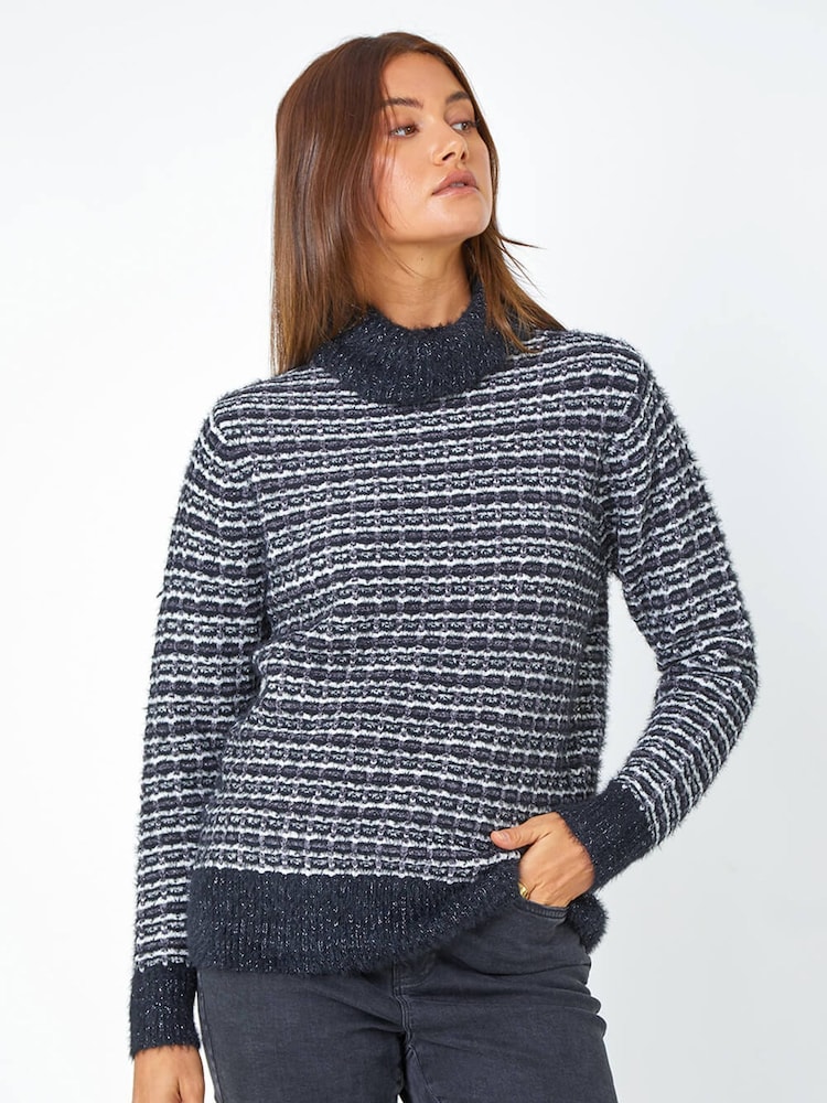 Roman Blue Textured High Neck Knit Jumper - Image 1 of 1 Roman Blue Textured High Neck Knit Jumper - Image 1 of 1