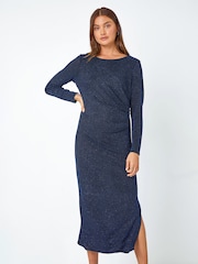 Roman Blue Glitter Cowl Back Midi Stretch Dress - Image 1 of 5