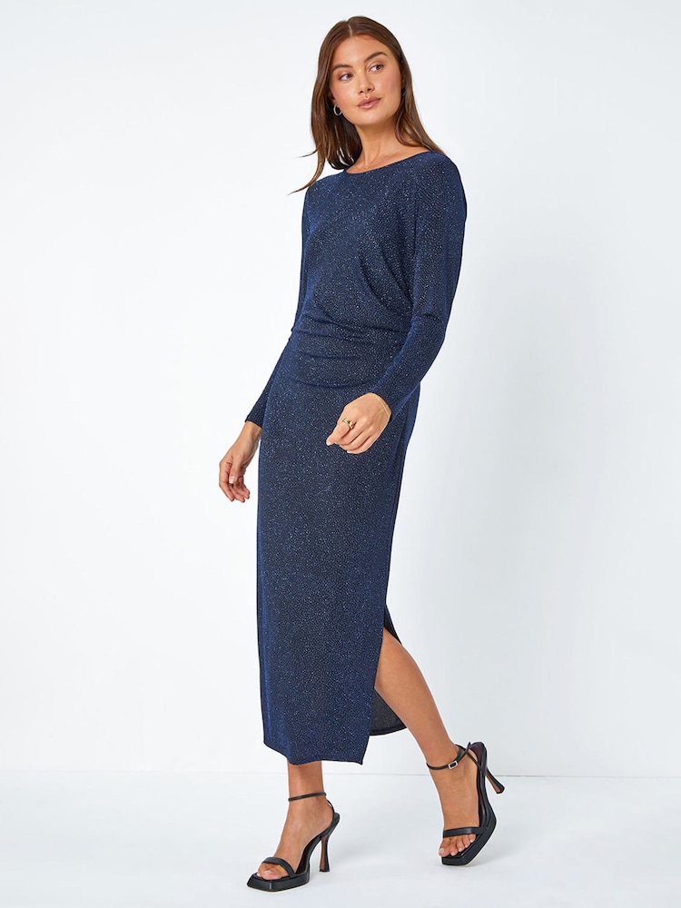 Roman Blue Glitter Cowl Back Midi Stretch Dress - Image 2 of 5
