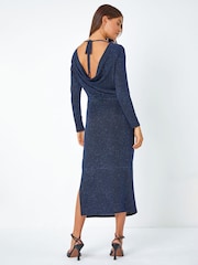 Roman Blue Glitter Cowl Back Midi Stretch Dress - Image 3 of 5