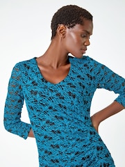 Roman Blue Shimmer Stretch Lace Gathered Dress - Image 4 of 5