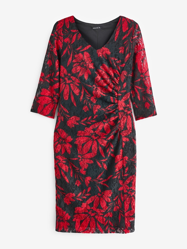 Roman Red Floral Stretch Lace Shift Dress - Image 6 of 6