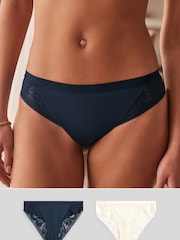 Navy Blue/Cream High Leg Microfibre & Lace Knickers 2 Pack - Image 1 of 9