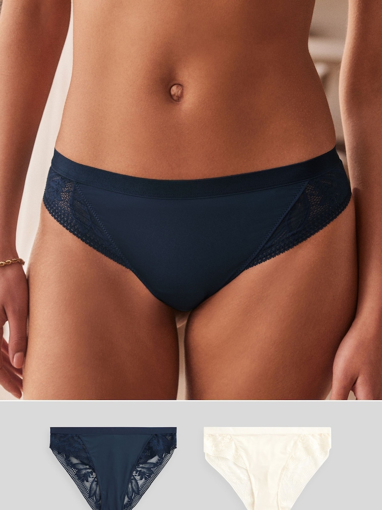 Navy Blue/Cream High Leg Microfibre & Lace Knickers 2 Pack - Image 1 of 9