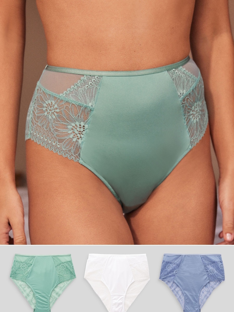 Blue/Green/White Lace High Waist High Leg Knickers 3 Pack - Image 1 of 10 Blue/Green/White Lace High Waist High Leg Knickers 3 Pack - Image 1 of 10