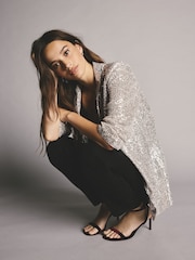 Silver Sequin Ruched Sleeve Blazer - Image 1 of 6
