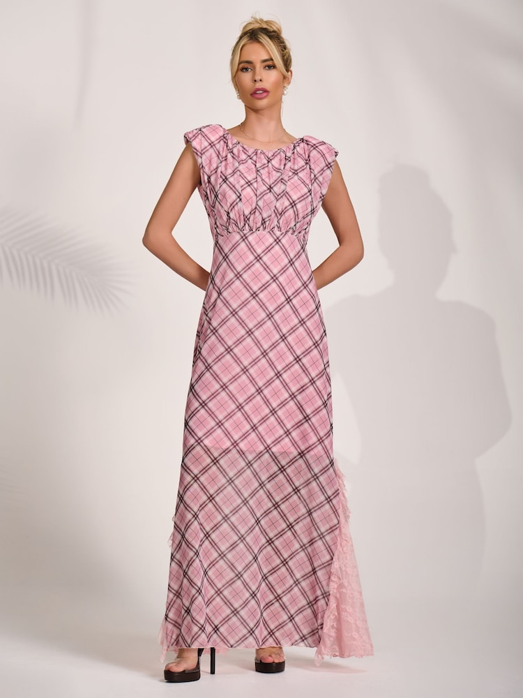 Jolie Moi Pink Lace Insert Mesh Maxi Dress - Image 1 of 6