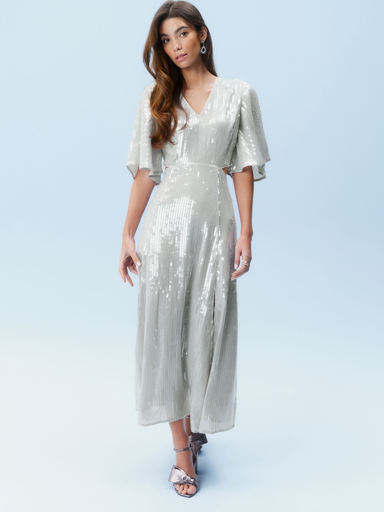 Argint/Argintiu - Sequin Flutter Sleeve Rochie lungă - Image 6 of 11