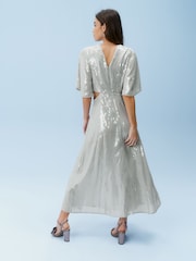 Silver Sequin Flutter Sleeve Maxi Dress - Image 7 of 11