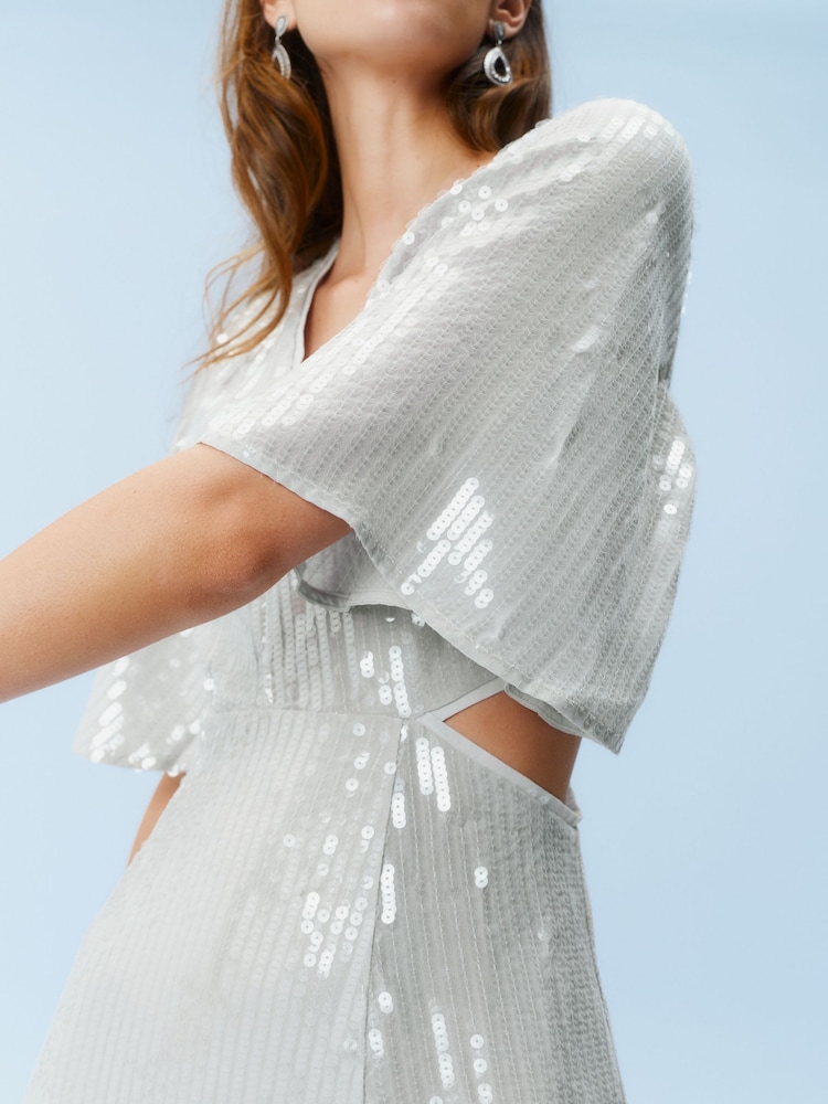 Argint/Argintiu - Sequin Flutter Sleeve Rochie lungă - Image 9 of 11