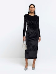 River Island Black Long Sleeves Twist Velvet Midi Dress - Image 1 of 4