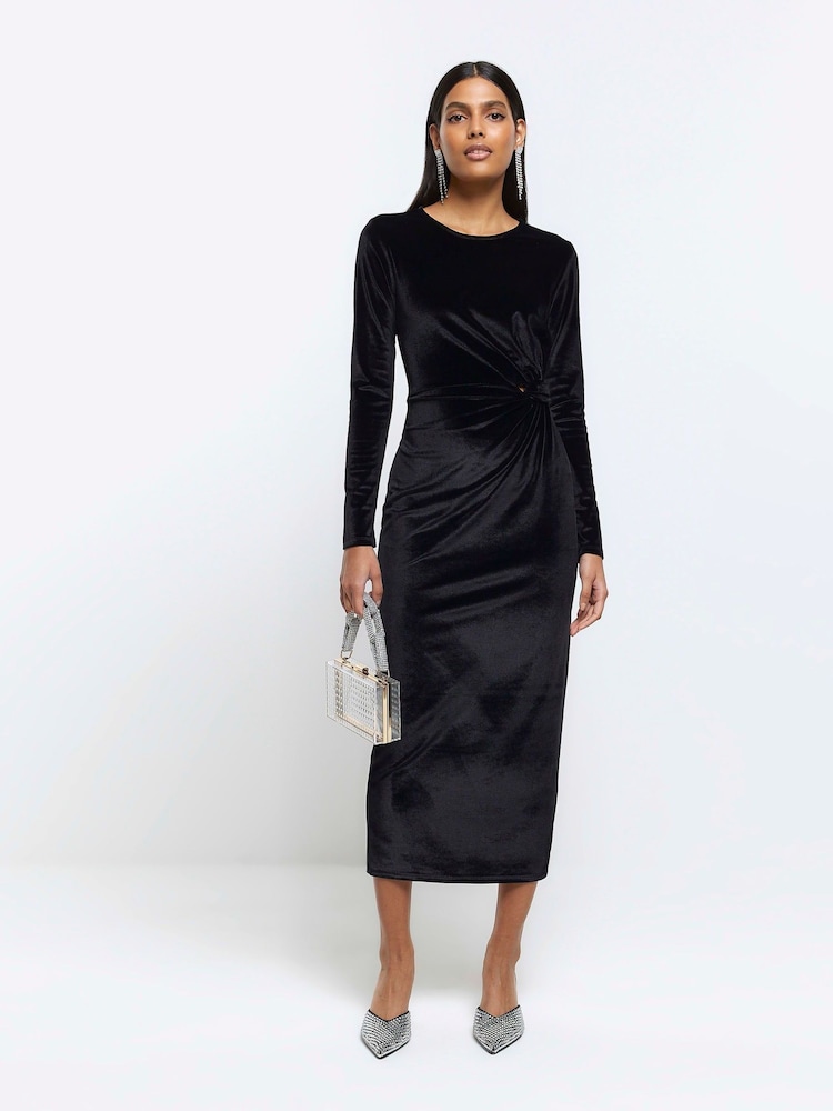 River Island Black Long Sleeves Twist Velvet Midi Dress - Image 1 of 4