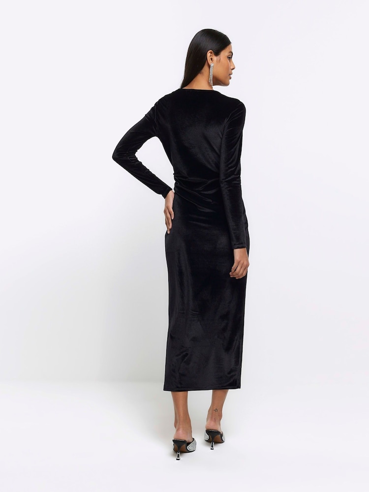 River Island Black Long Sleeves Twist Velvet Midi Dress - Image 2 of 4