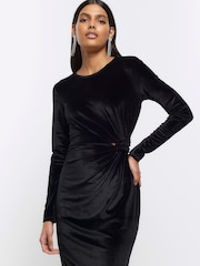 River Island Black Long Sleeves Twist Velvet Midi Dress - Image 3 of 4