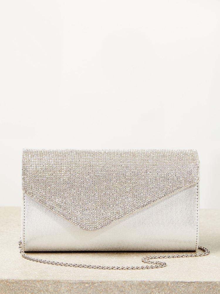 Lipsy Silver Diamonte Asymmetric Foldover Chain Clutch Bag - Image 2 of 5