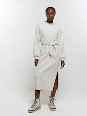 River Island Cream Tie Sweat Midi Dress - Image 1 of 4