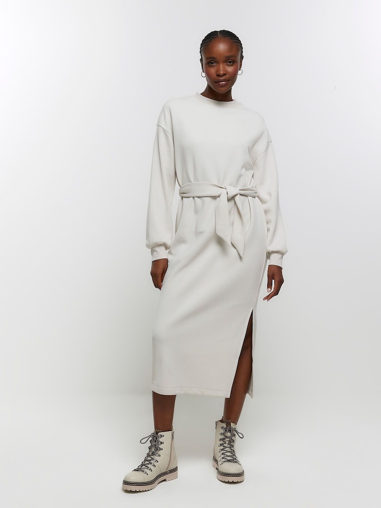 River Island Cream Tie Sweat Midi Dress - Image 1 of 4