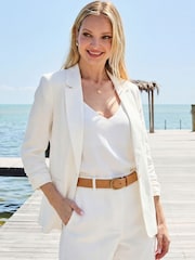 Sosandar White Ruched Sleeve Linen Blend Blazer - Image 2 of 5