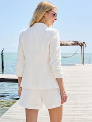 Sosandar White Ruched Sleeve Linen Blend Blazer - Image 3 of 5