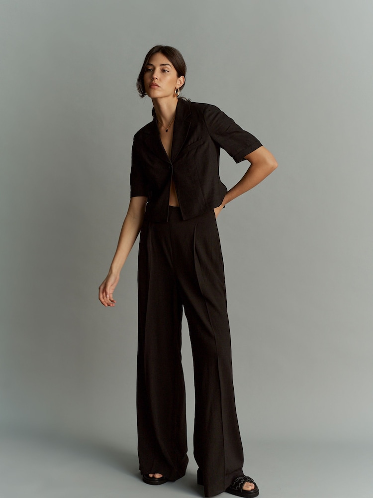 Black Cropped Linen Blend Boxy Top - Image 2 of 5
