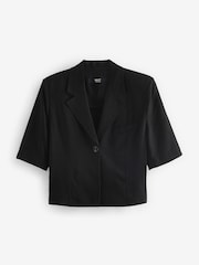 Black Cropped Linen Blend Boxy Top - Image 4 of 5