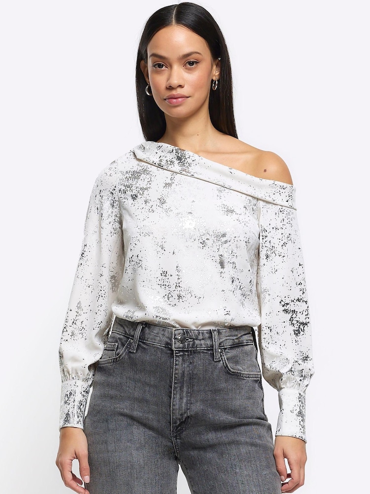 River Island Silver Silver Off Shoulder Top - Image 1 of 1 River Island Silver Silver Off Shoulder Top - Image 1 of 1
