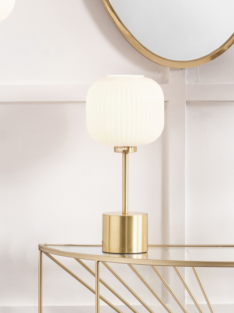 Pacific White Bella Ribbed Glass and Gold Metal Table Lamp - Image 1 of 5