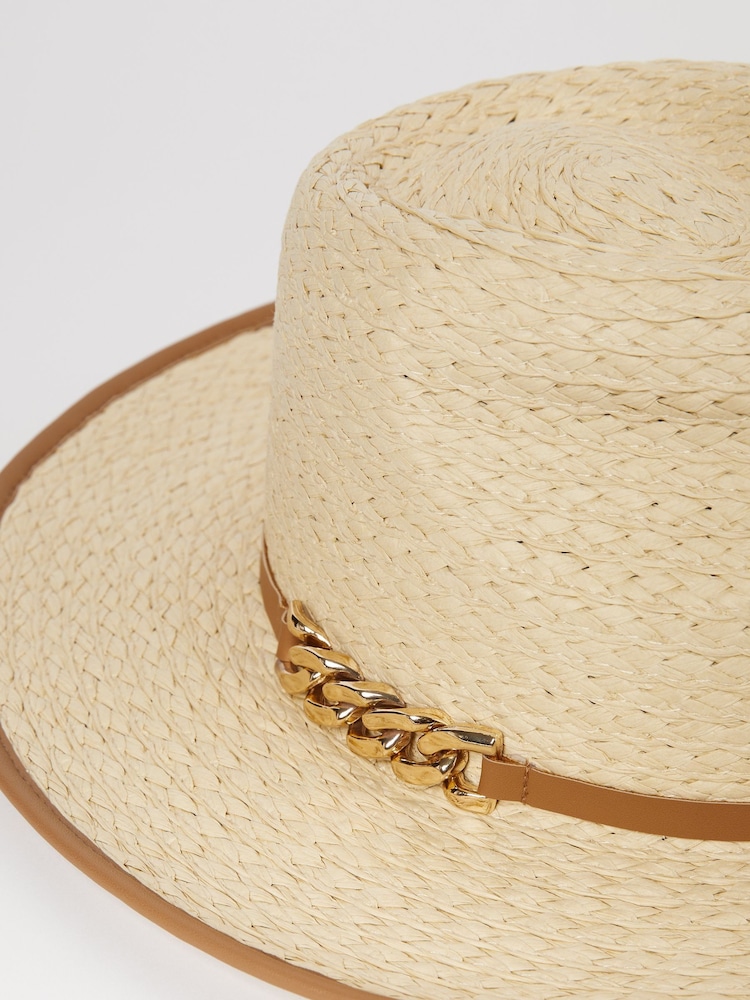 Lipsy Neutral/PU Chain Straw Fedora Hat - Image 4 of 4 Lipsy Neutral/PU Chain Straw Fedora Hat - Image 4 of 4