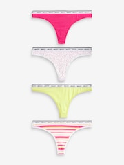 Pink/Stripe/Lime Green Thong Cotton Rich Logo Knickers 4 Pack - Image 1 of 9