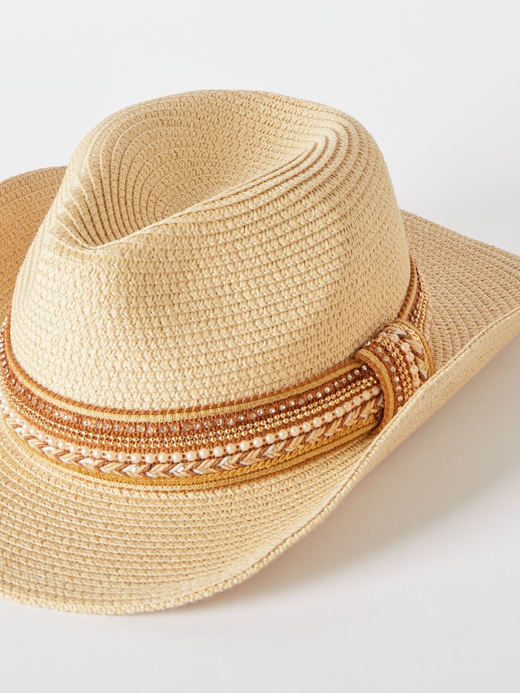 Lipsy Beige Embellished Western Straw Fedora Hat - Image 4 of 4 Lipsy Beige Embellished Western Straw Fedora Hat - Image 4 of 4