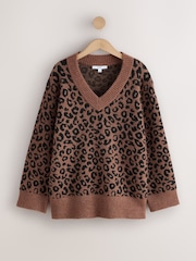 Marron imprimé léopard - Long Sleeve V-Neck Knit Jumper With Wool - Image 5 de 7