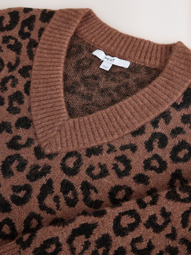 Marron imprimé léopard - Long Sleeve V-Neck Knit Jumper With Wool - Image 7 de 7