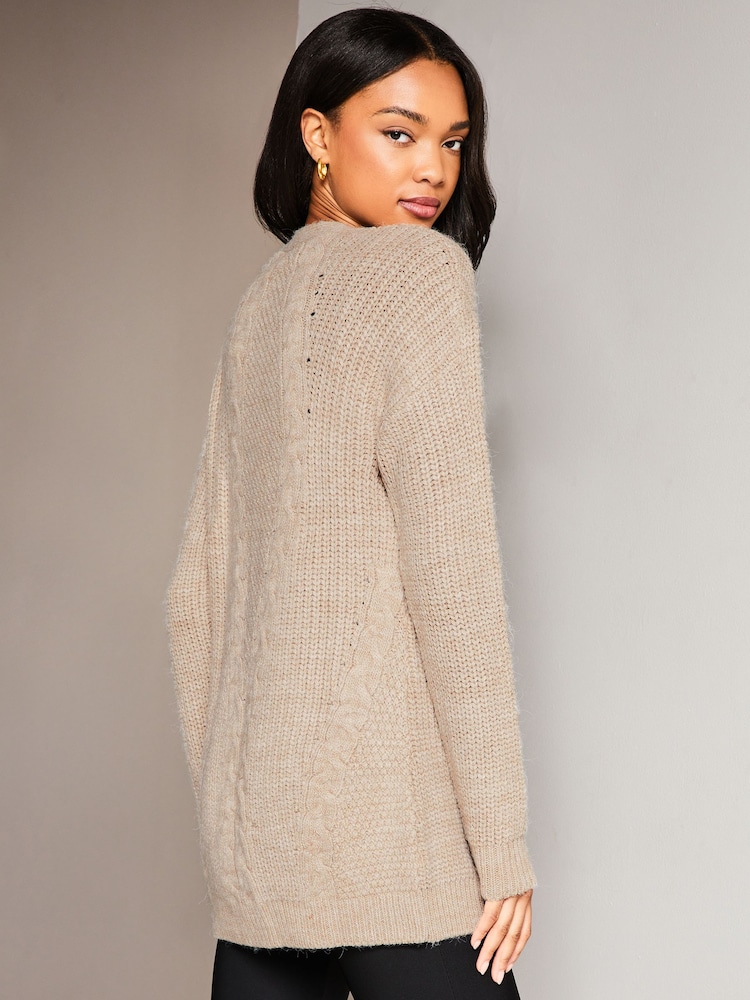 Lipsy Oatmeal Petite Mixed Cable Knit Cardigan - Image 2 of 4